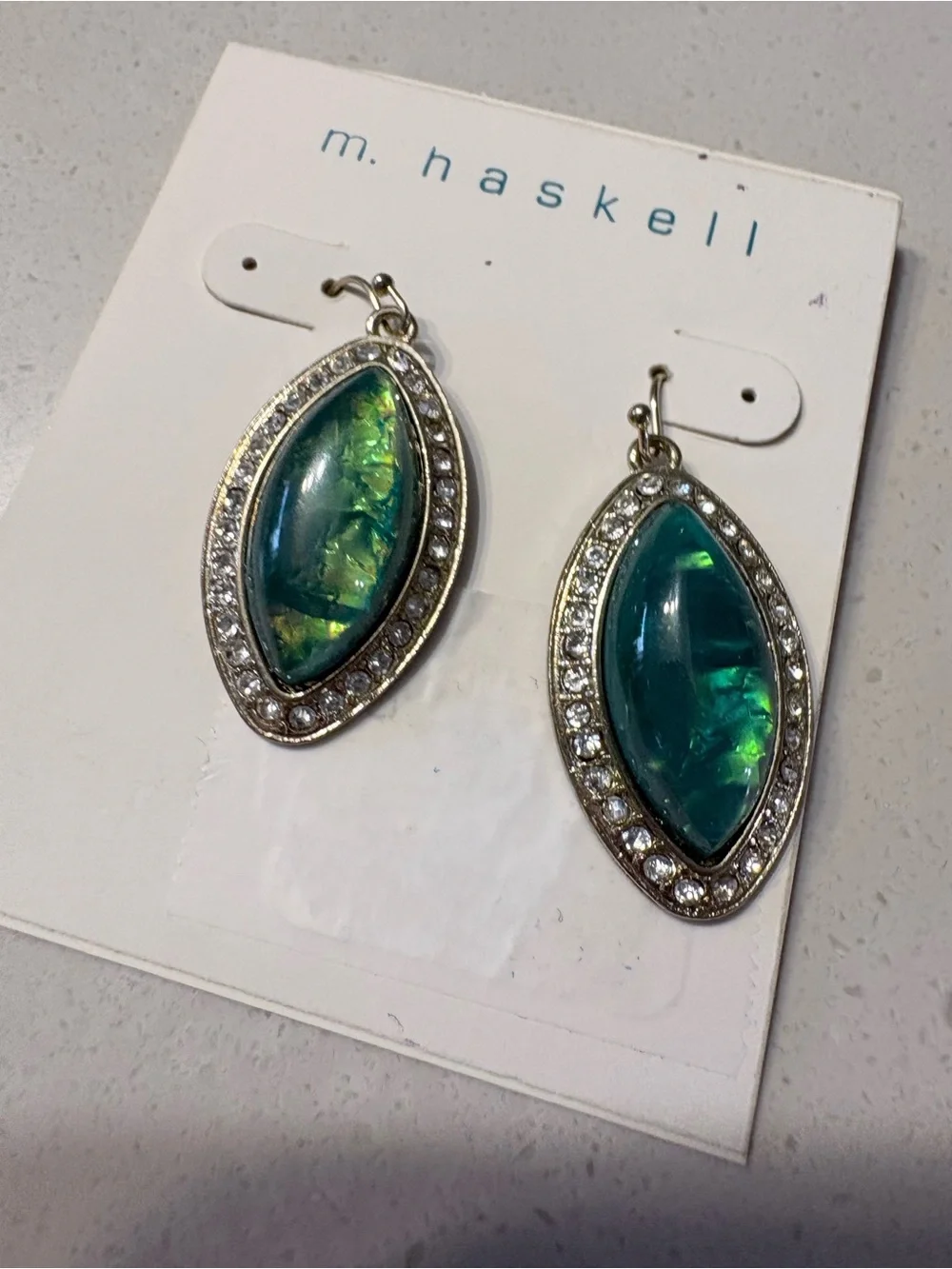 Miriam Haskell Green foil opal earrings NWT